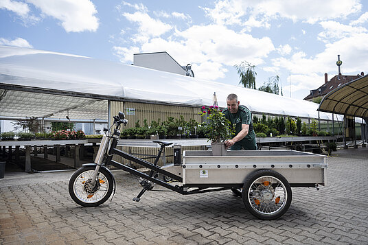 Cargobike wird mit Pflanzen beladen