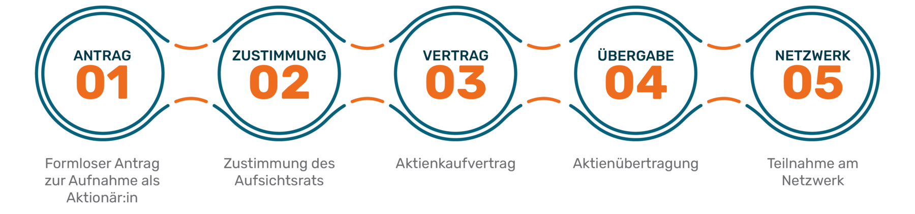 Ein Diagramm zeigt fünf Schritte zum Aktionär:in werden, nummeriert von 01 bis 05. '01 ANTRAG' steht für den formlosen Antrag, '02 ZUSTIMMUNG' für die Genehmigung des Aufsichtsrats, '03 VERTRAG' für den Aktienkaufvertrag, '04 ÜBERGABE' für die Aktienübertragung und '05 NETZWERK' für die Netzwerkteilnahme. Die Schritte sind durch Linien verbunden und in Orange und Blau dargestellt.